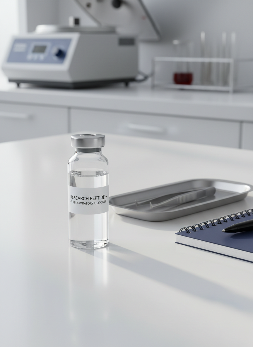 A clean, transparent borosilicate glass vial filled with a clear peptide solution, labeled with a minimal white research-style sticker that reads “Research Peptide – For Laboratory Use Only.” The vial stands upright on a flawless white laboratory bench beside a neatly arranged stainless-steel tray and a closed lab notebook. Soft, diffused daylight from an unseen window washes in from the left, creating gentle reflections on the curved glass and faint shadows on the surface. Photographic realism at eye level, with a shallow depth of field that softly blurs the background equipment, conveying a professional, clinical, and trustworthy atmosphere suitable for a research-focused peptide sales homepage.